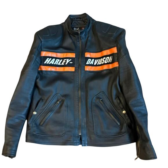 Harley Davidson Bill Goldberg Black Leather Motorcycle Jacket Size Large EUC - Picture 1 of 10